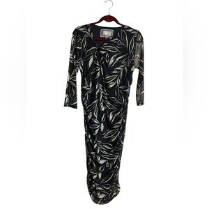 Cupio ladies Ruched Midi Dress, Black & White Leaf Print, Size L